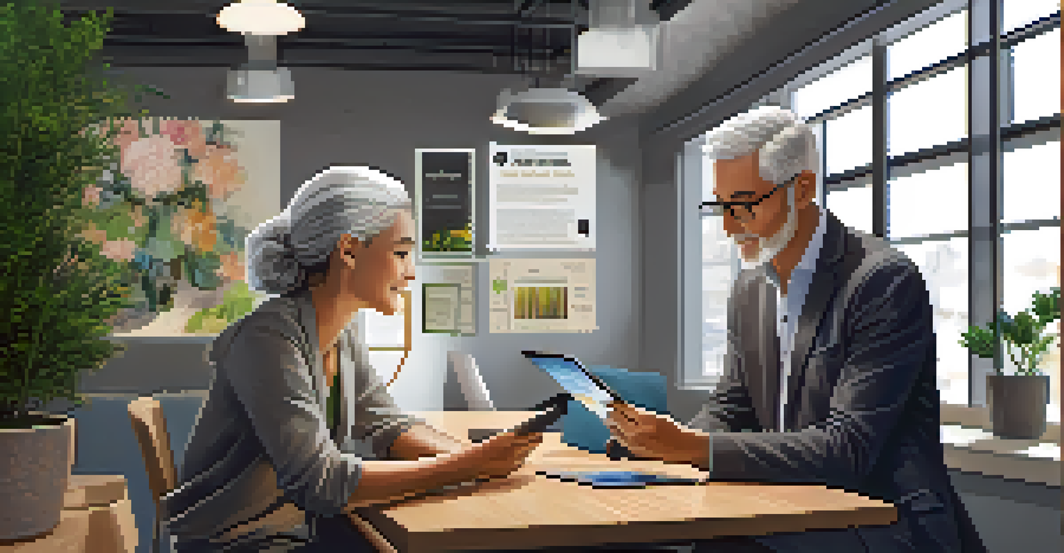 A mentor guiding a young professional in a modern workspace with a tablet showing a leadership framework.