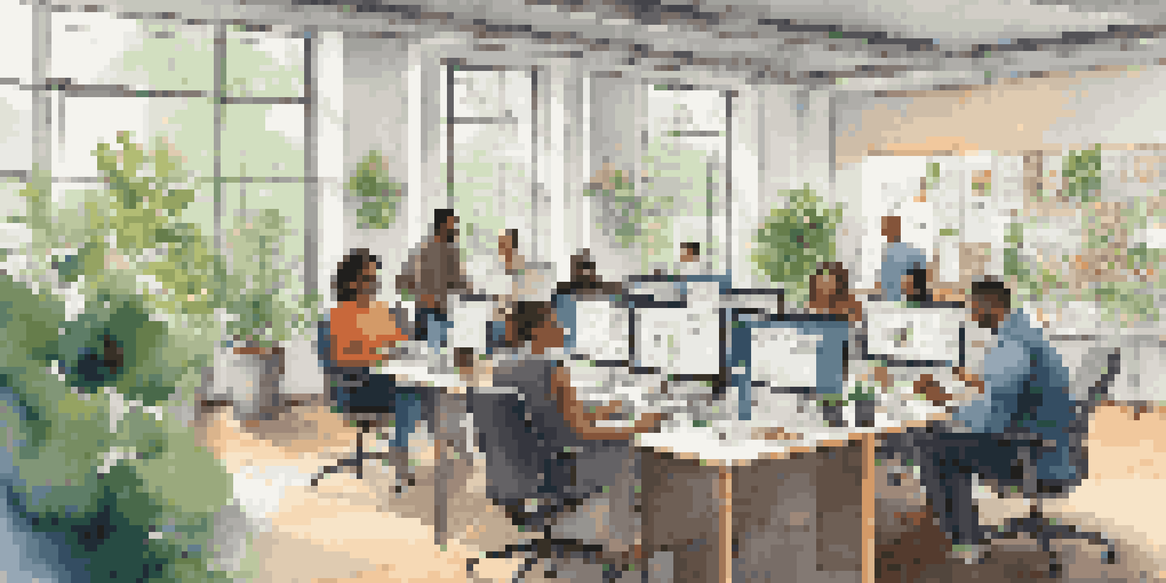 A colorful office space where diverse employees are working together at a large table, with natural light flooding in and motivational quotes on the walls.