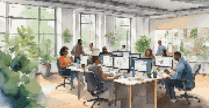 A colorful office space where diverse employees are working together at a large table, with natural light flooding in and motivational quotes on the walls.