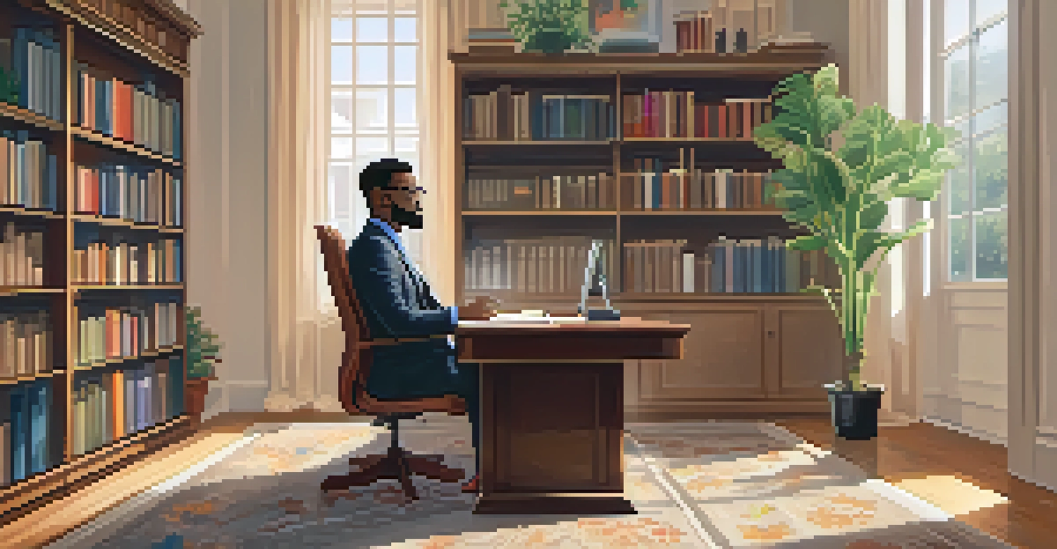 A person preparing for a virtual interview, smiling in front of a computer in a well-organized room with books and plants in the background.