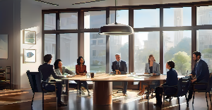 A diverse team in a well-lit office discussing a project, with a manager showing empathy and engagement.