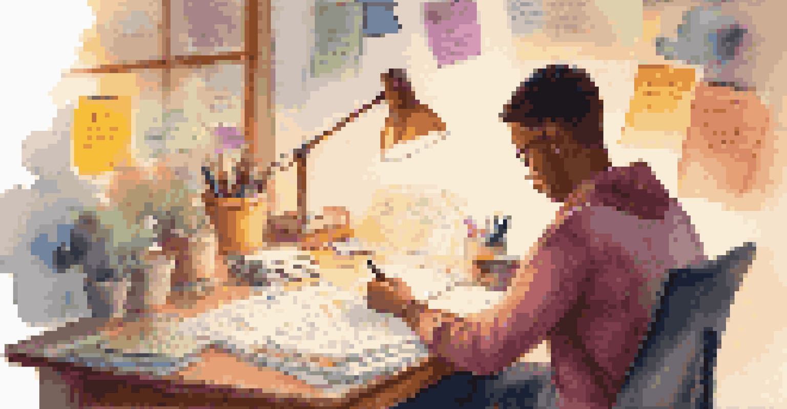 A person writing in a journal at a desk, surrounded by sticky notes and a vision board, illuminated by a warm desk lamp.