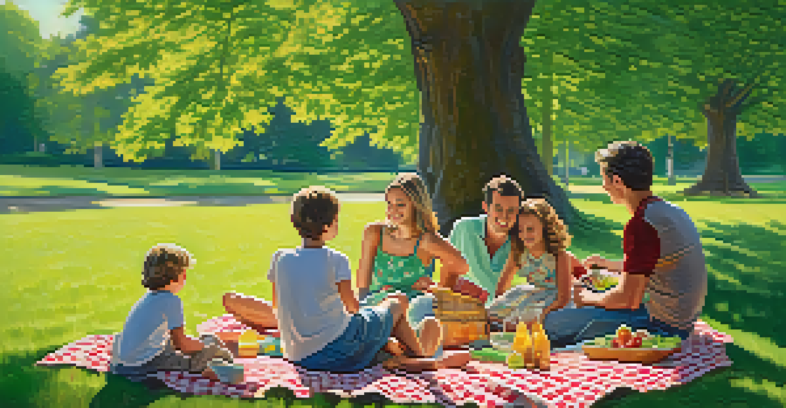 A family having a picnic in a sunny park with children playing in the background, surrounded by green grass and trees.