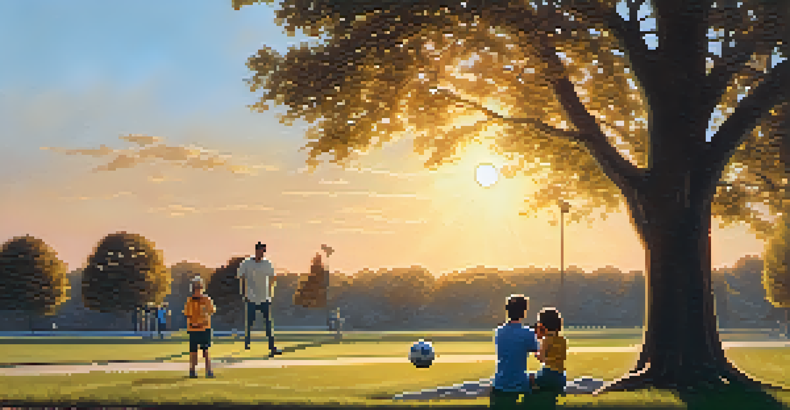 A parent on a phone call in a park, watching their child play soccer during sunset.