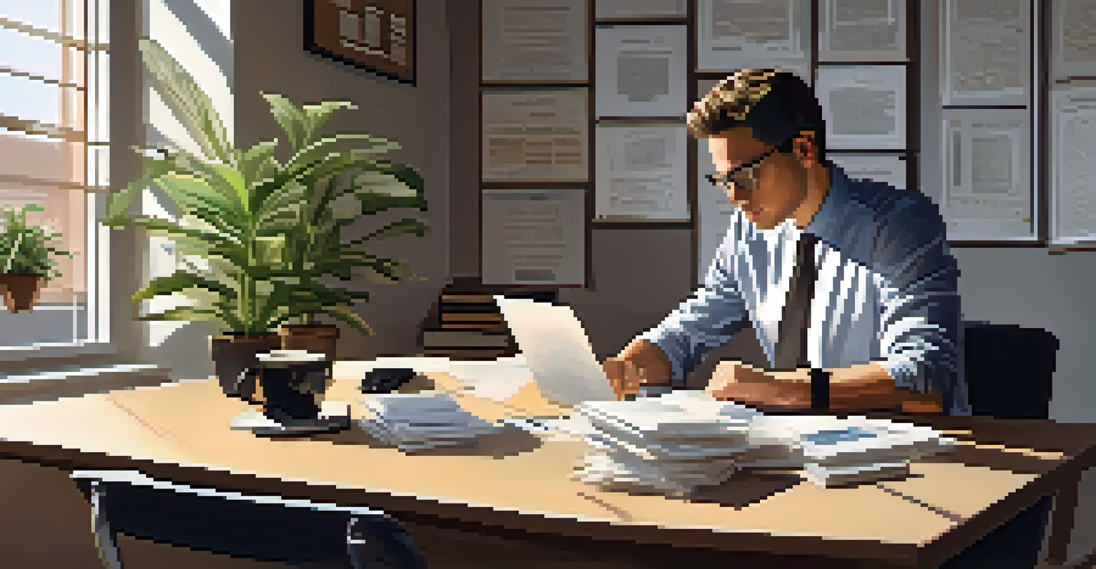 A person at a desk with a laptop, notes, and a cup of coffee, preparing for a negotiation in a warmly lit room with a motivational quote on the wall.