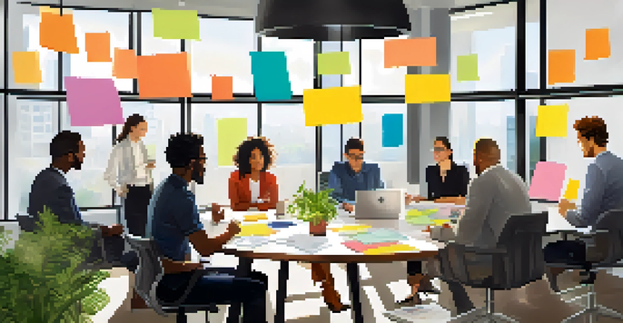 A diverse group of professionals collaborating in a bright office filled with natural light and plants.