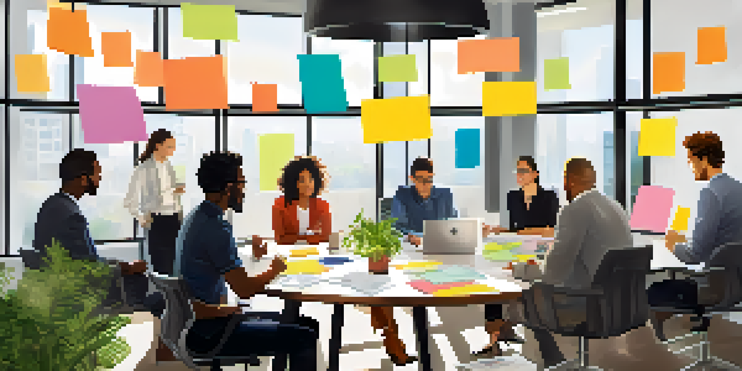 A diverse group of professionals collaborating in a bright office filled with natural light and plants.