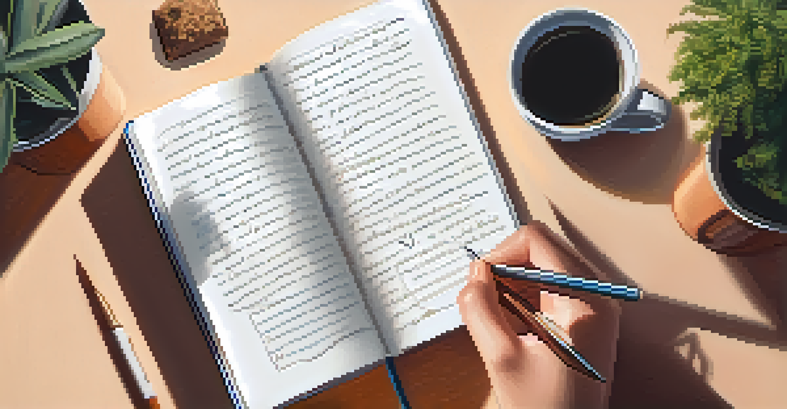 A close-up of a person journaling about soft skills training, with a notebook, cup of tea, and a cozy workspace in the background.