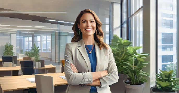 A confident professional woman in an office, smiling and holding a presentation folder, with large windows and plants in the background.