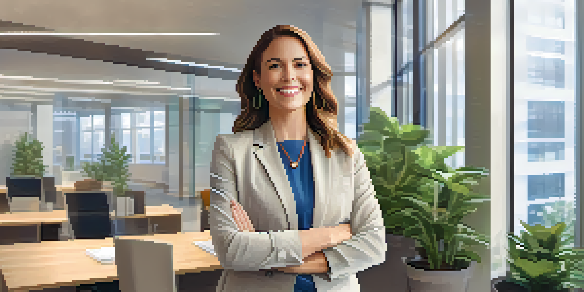 A confident professional woman in an office, smiling and holding a presentation folder, with large windows and plants in the background.