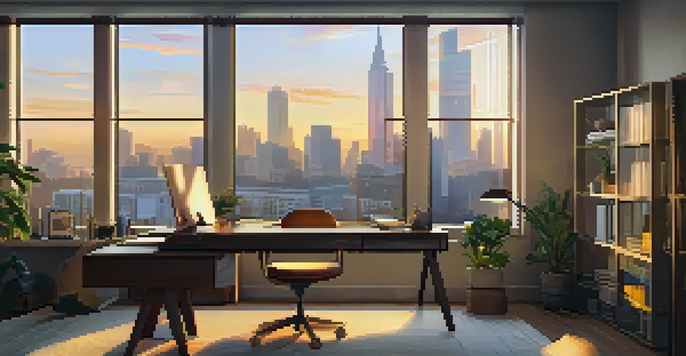 A peaceful office with a view of the sunset city skyline, featuring a laptop and a plant on the desk.