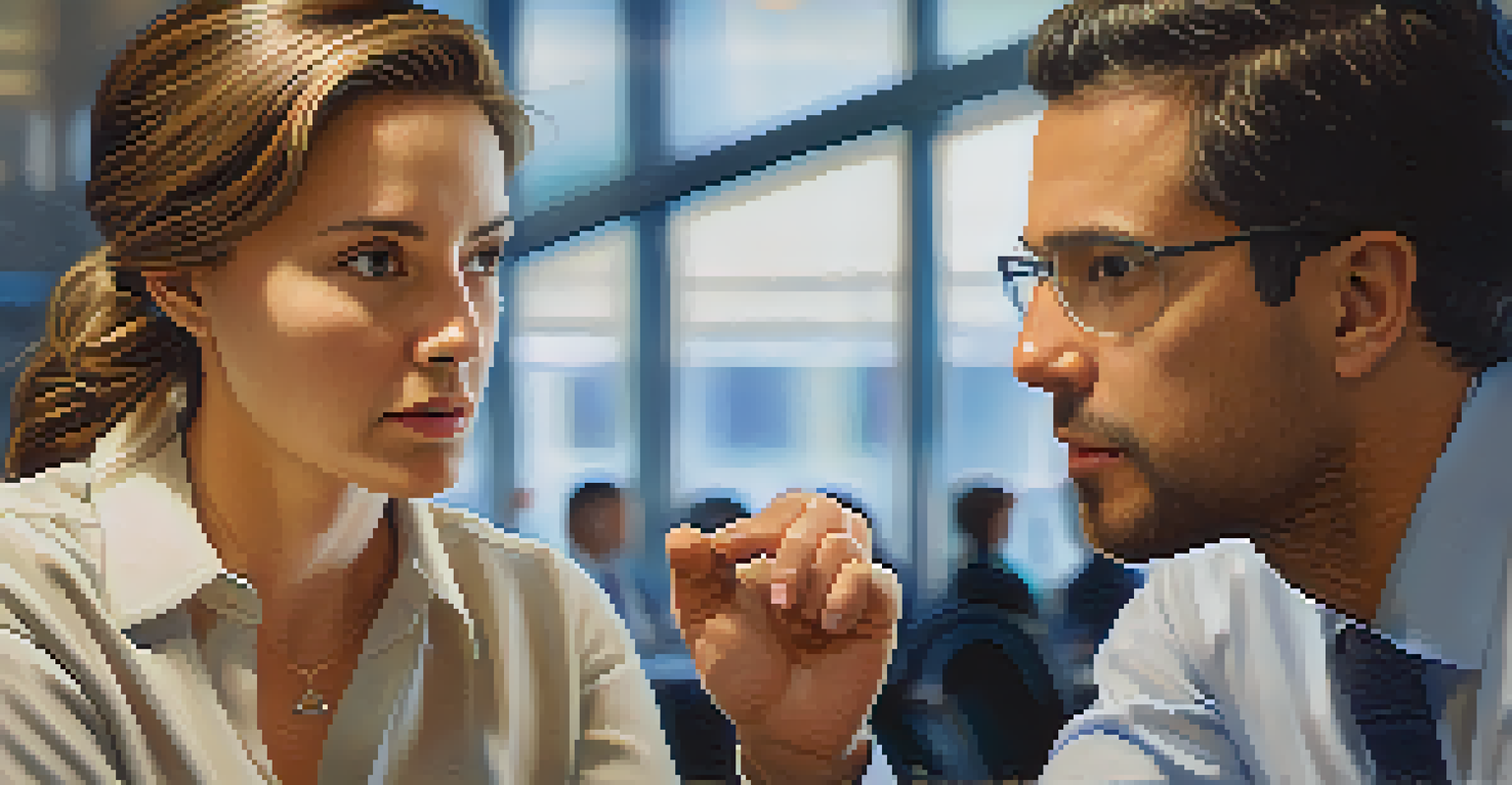 Two colleagues in an office setting, one listening attentively while the other gestures, demonstrating active listening.