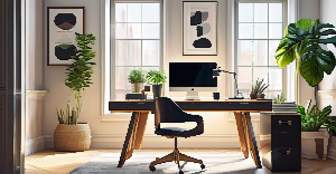 A bright and inviting home office with a desk, laptop, ergonomic chair, and plants, enhanced by natural light from a window.