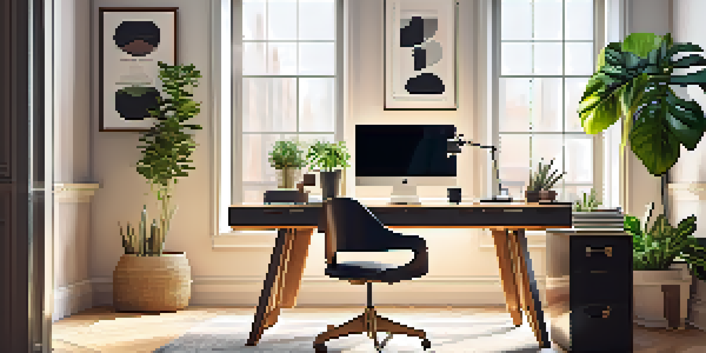 A bright and inviting home office with a desk, laptop, ergonomic chair, and plants, enhanced by natural light from a window.