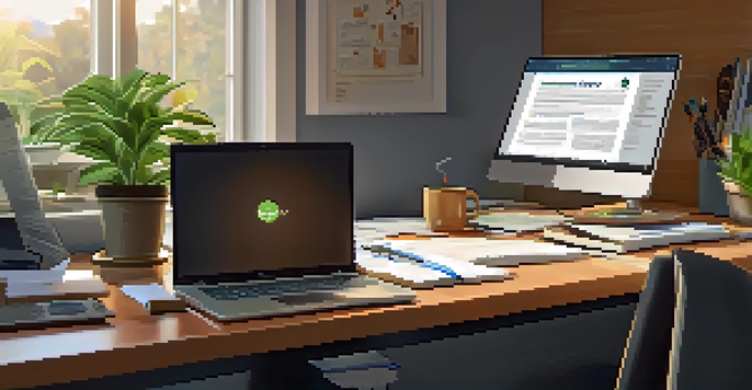 A professional sitting at a desk with certification diplomas and training materials, working on a laptop, with a plant and coffee mug in the background.