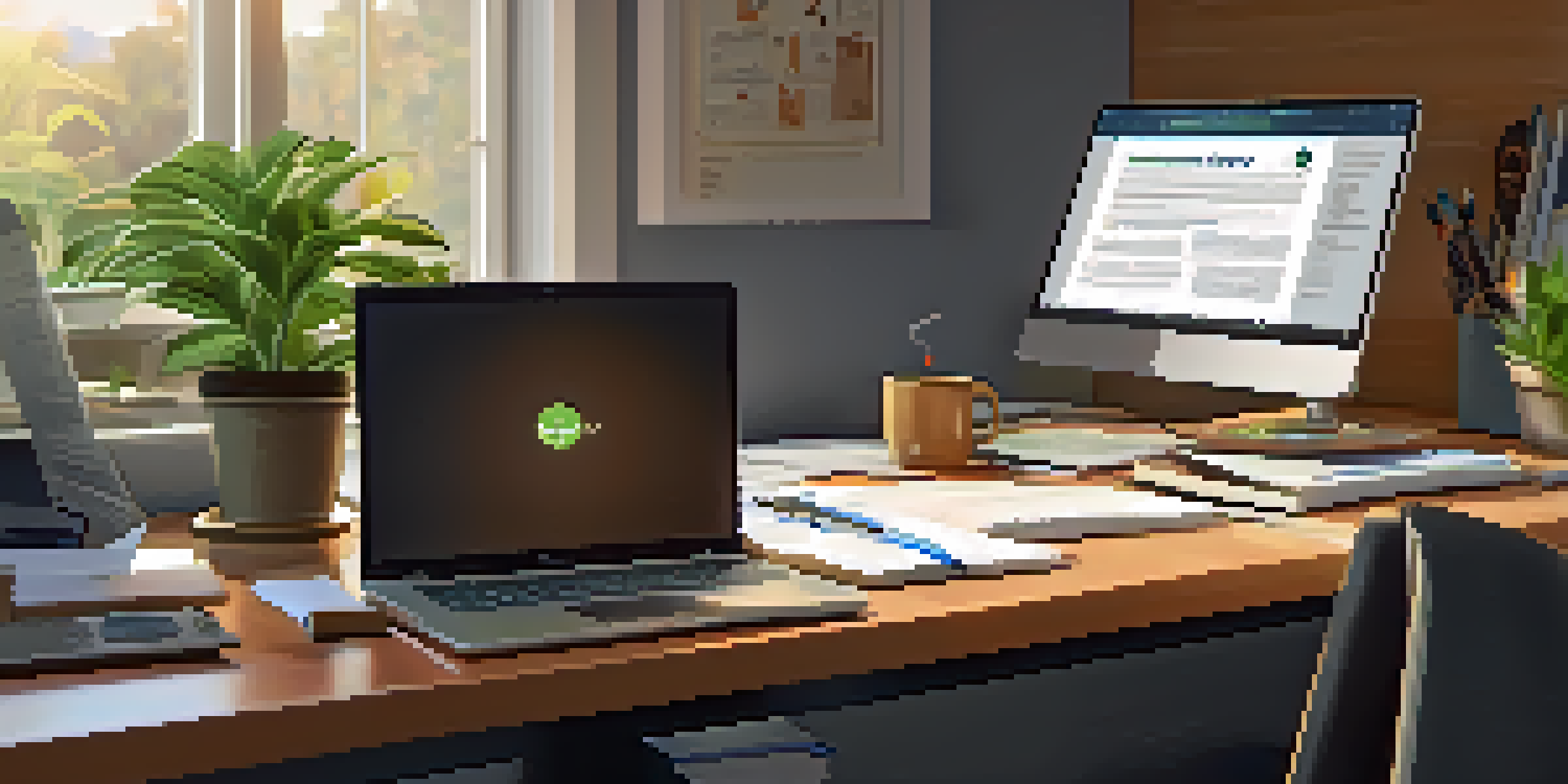 A professional sitting at a desk with certification diplomas and training materials, working on a laptop, with a plant and coffee mug in the background.