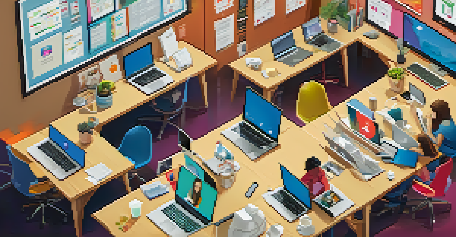 An overhead view of a collaborative workspace with team members using laptops and digital tools.