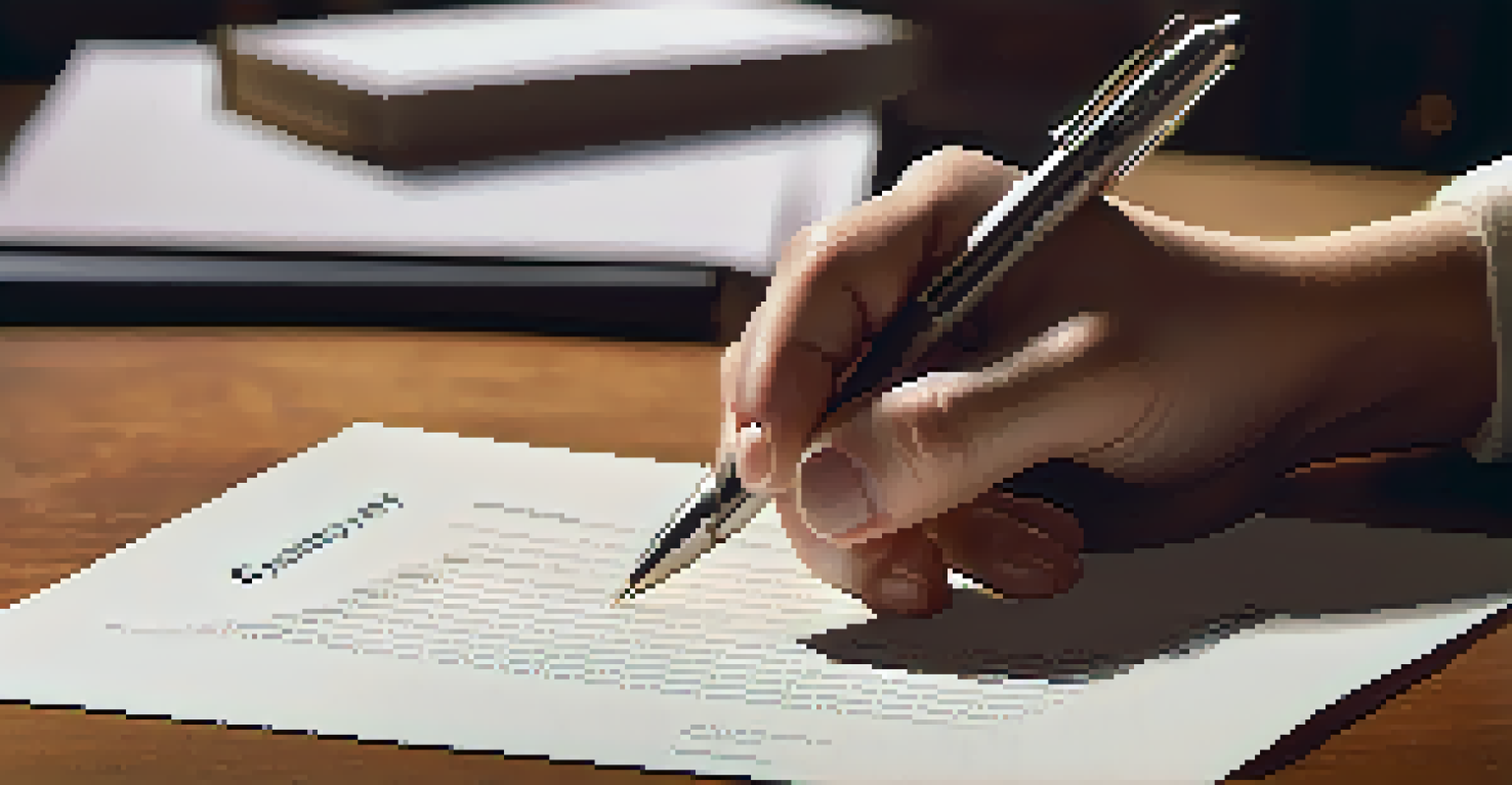 Close-up of hands preparing to sign an employment contract on a wooden desk.