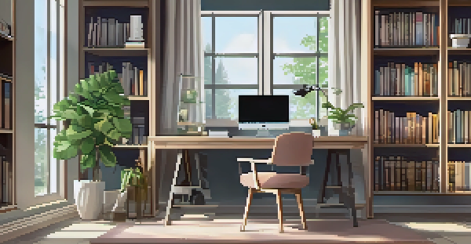 A bright and organized home office with a laptop, potted plant, and bookshelves, showcasing a comfortable workspace.