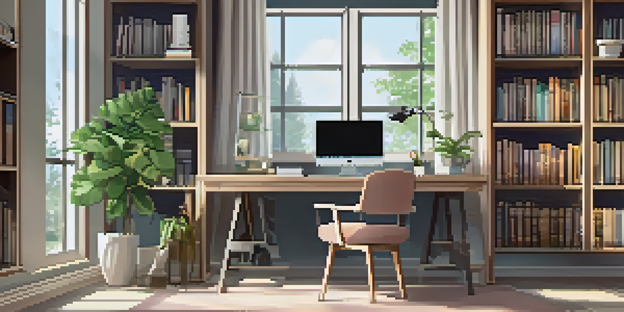 A bright and organized home office with a laptop, potted plant, and bookshelves, showcasing a comfortable workspace.