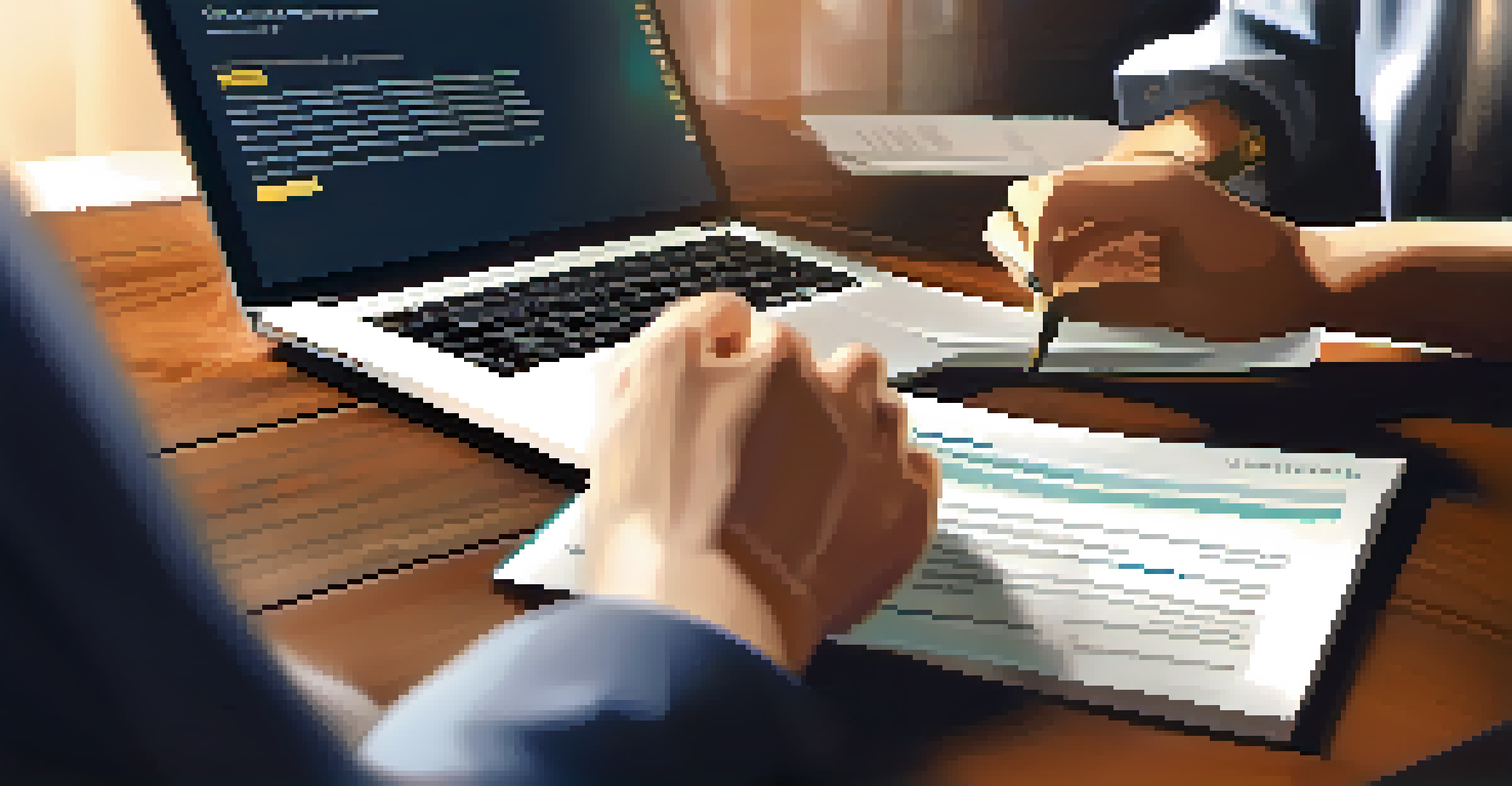 Close-up of hands typing on a laptop with a resume, while a career coach gives feedback in the background.