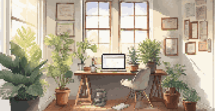 A person working at a desk in an organized office space with plants and sunlight coming through the window.