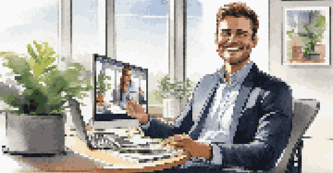 A young professional smiling during a video call in a bright modern office with plants and motivational posters.