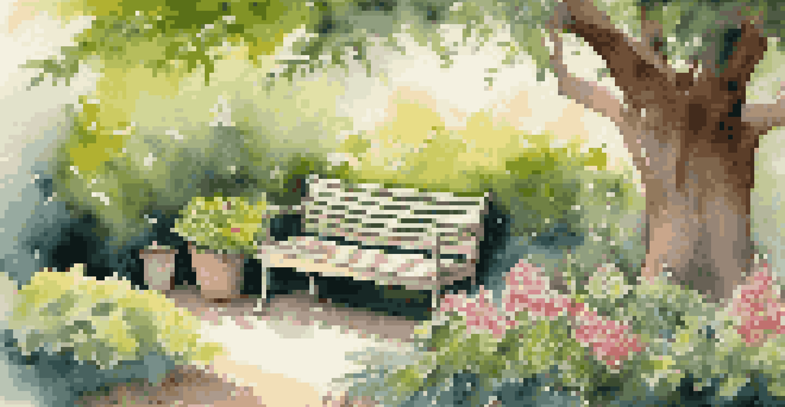 A beautiful garden filled with blooming flowers and green plants, with sunlight filtering through leaves and a bench for relaxation.