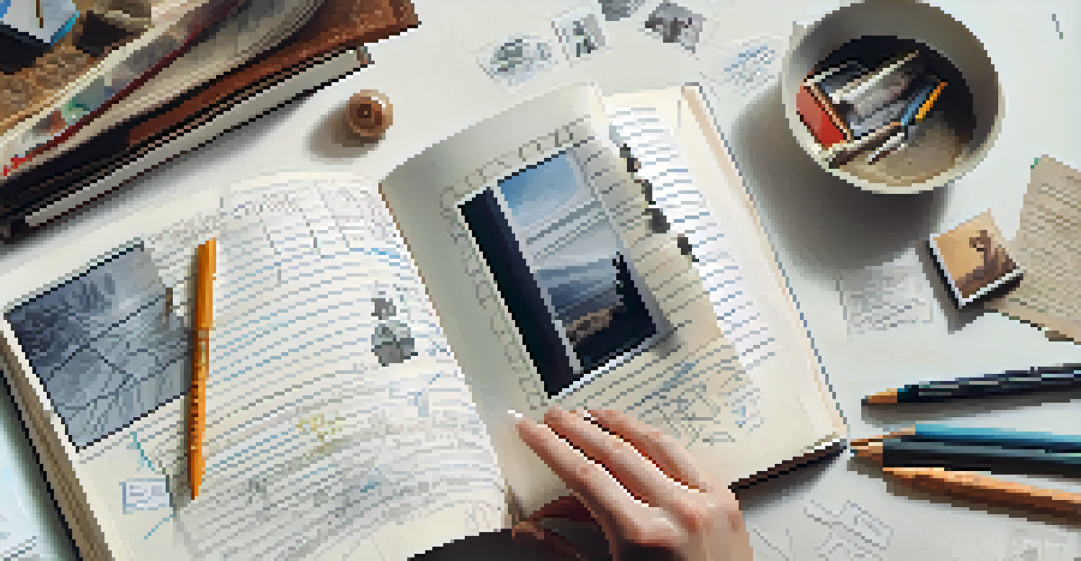 A close-up of a hand writing in a journal, surrounded by personal mementos, with soft light highlighting the journal page.