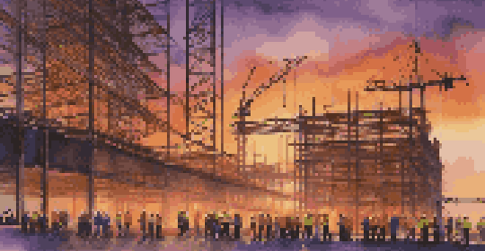 A diverse group of construction workers wearing colorful PPE at dusk, with scaffolding and cranes in the background.