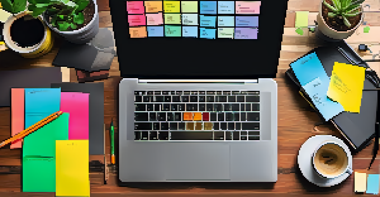 A close-up of a hand typing on a laptop amidst colorful sticky notes and a coffee cup, creating a cozy workspace atmosphere.