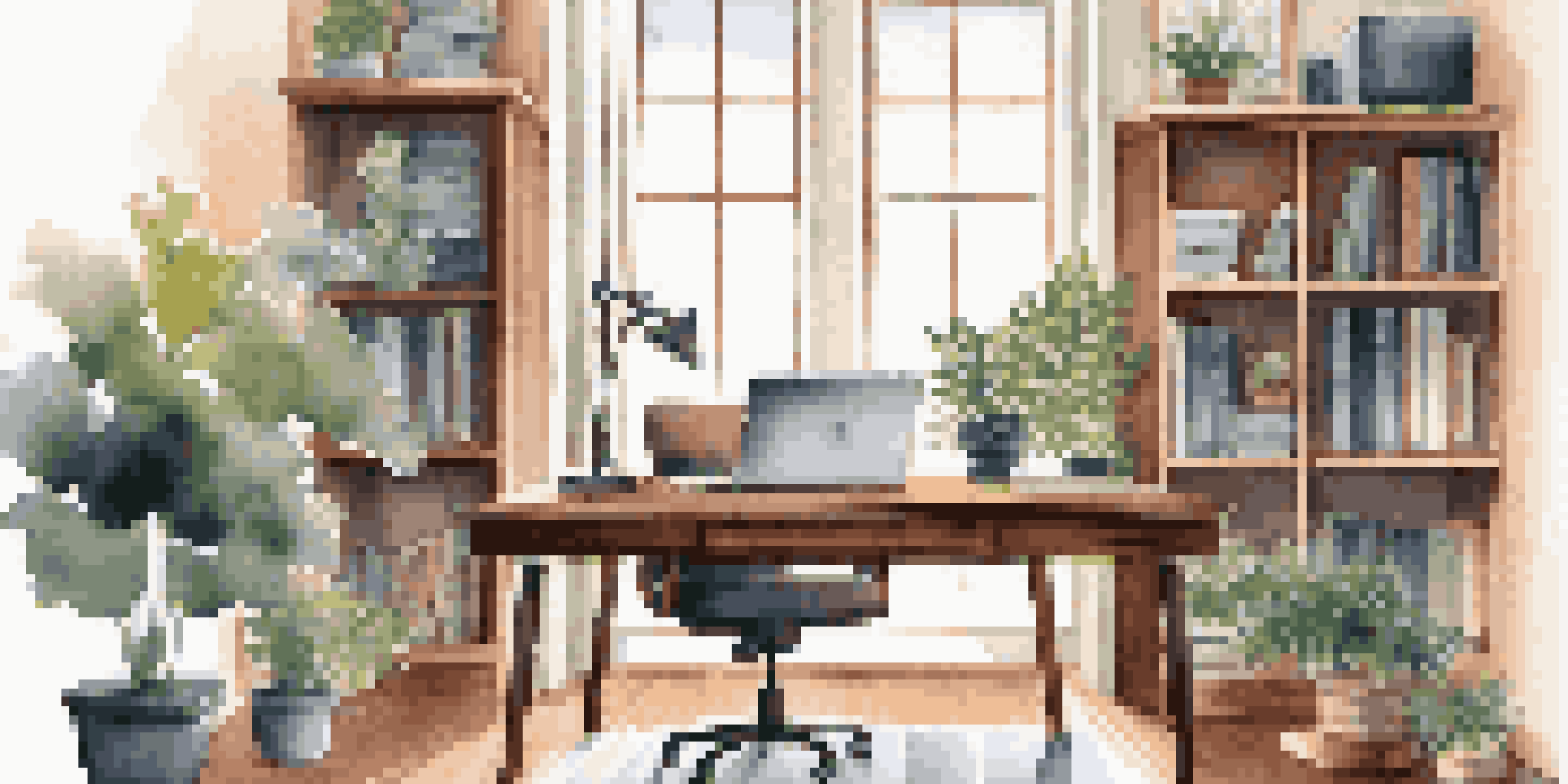 A calm home office with a wooden desk, laptop, plants, and a bookshelf, illuminated by natural light.