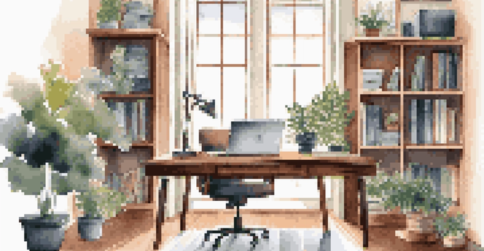 A calm home office with a wooden desk, laptop, plants, and a bookshelf, illuminated by natural light.