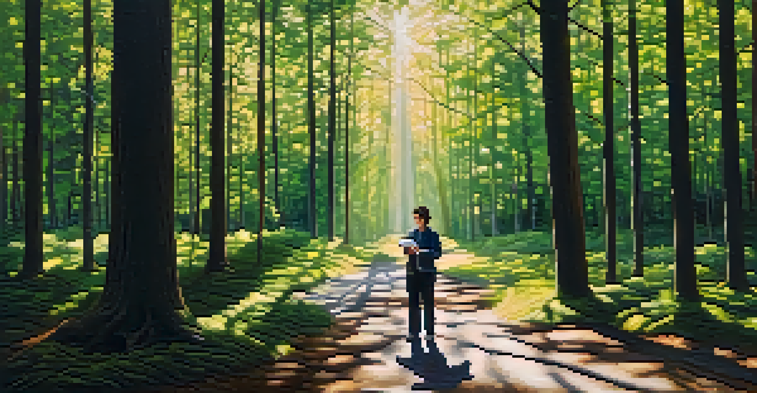A person at a crossroads in a forest, holding a map and looking thoughtful under sunlight filtering through trees.