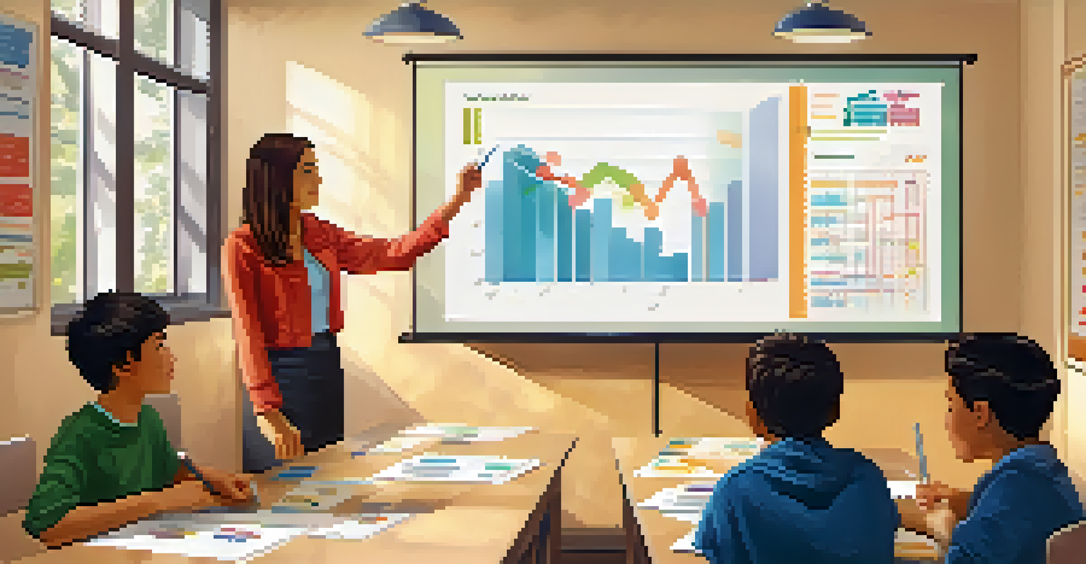 An instructor teaching students about data literacy in a bright classroom filled with educational posters.