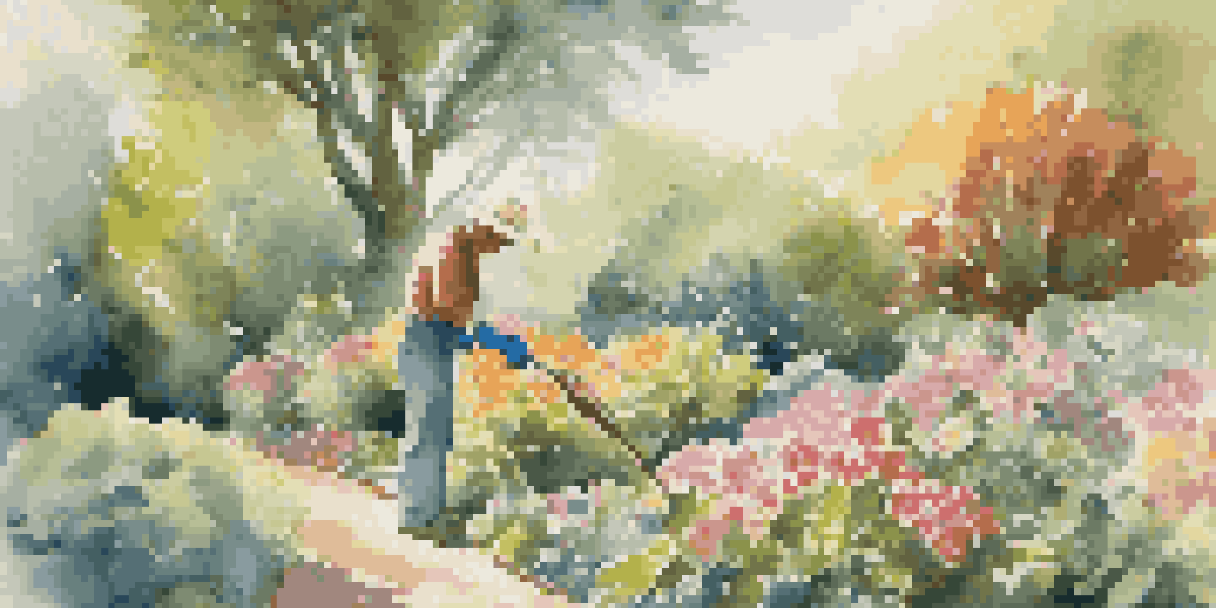 A gardener pruning a flowering plant in a sunny garden, surrounded by colorful blooms and lush greenery.
