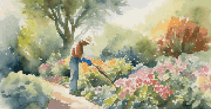 A gardener pruning a flowering plant in a sunny garden, surrounded by colorful blooms and lush greenery.