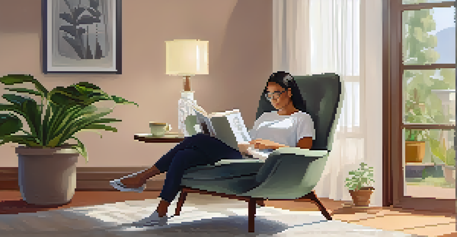 A person relaxing in a chair with a book and a closed laptop nearby.
