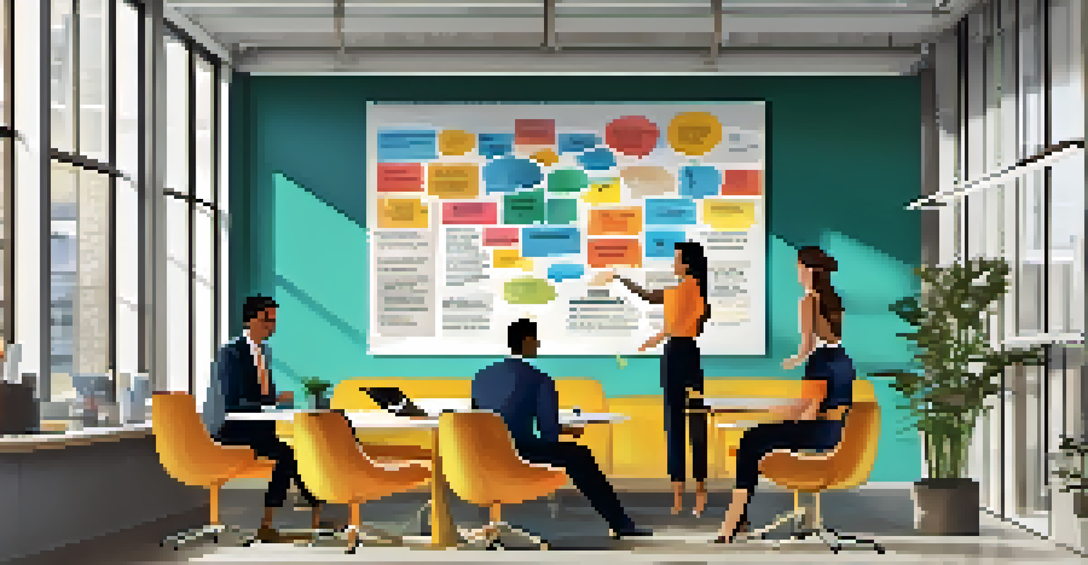 An office wall with a poster saying 'Ethics Matter', and a team of employees discussing around it in a modern office setting.
