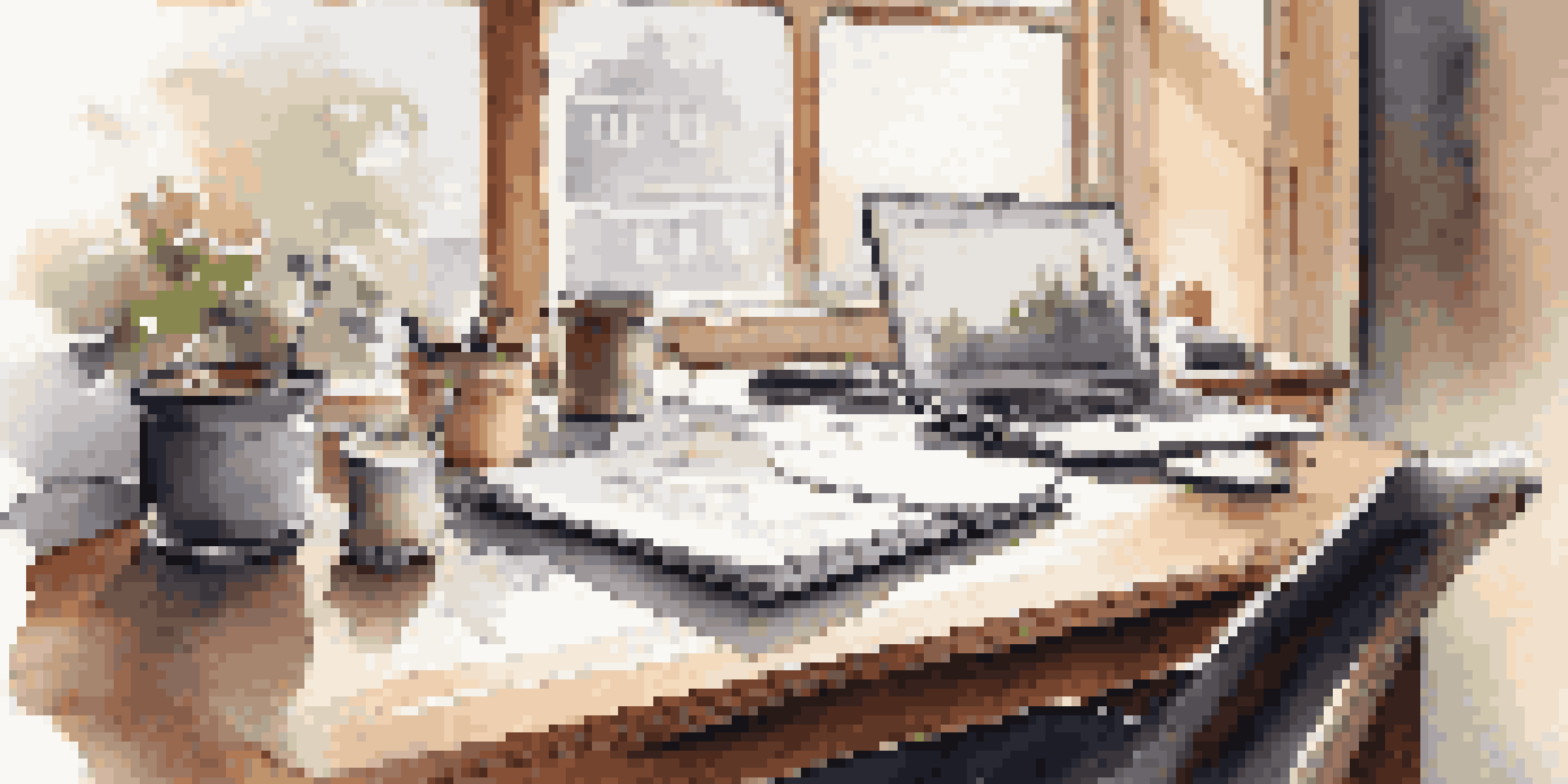 A wooden desk with a laptop, notepad, pen, and steaming coffee cup in a well-lit workspace.