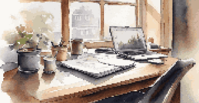 A wooden desk with a laptop, notepad, pen, and steaming coffee cup in a well-lit workspace.