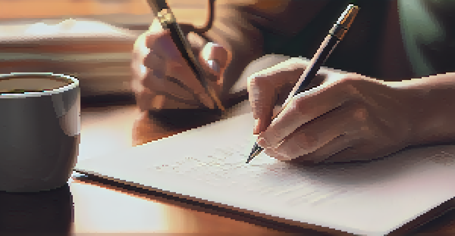 Close-up of hands writing on a notepad at a desk with a laptop and coffee cup.