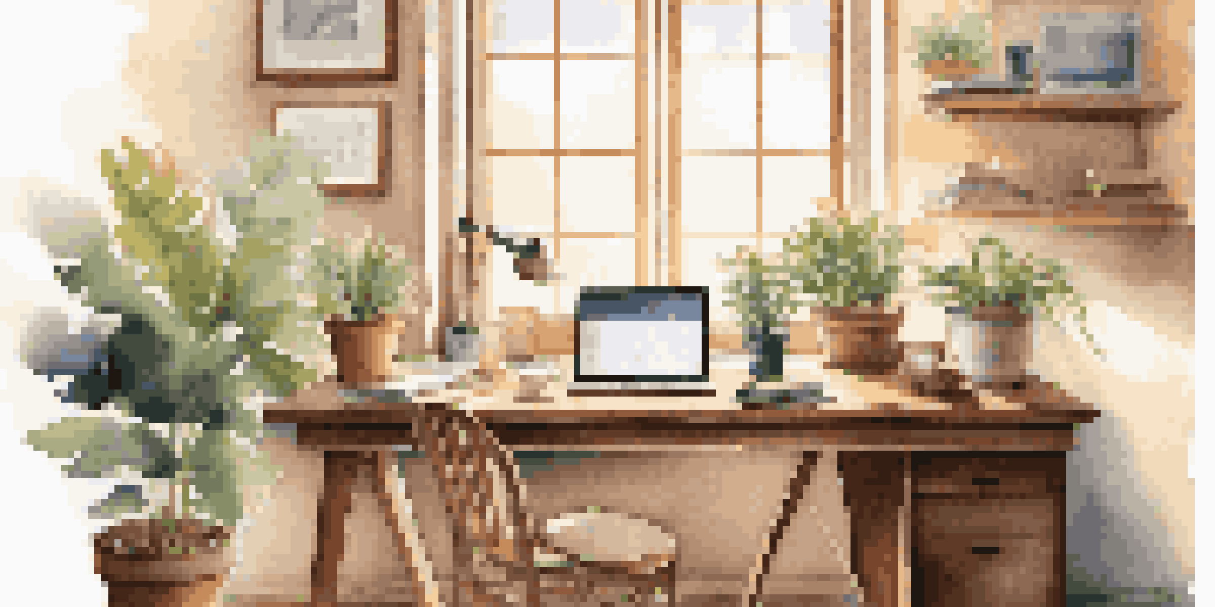 A cozy, sunlit workspace with a desk, laptop, coffee cup, and potted plant, showcasing a balance between work and personal life.