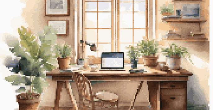 A cozy, sunlit workspace with a desk, laptop, coffee cup, and potted plant, showcasing a balance between work and personal life.