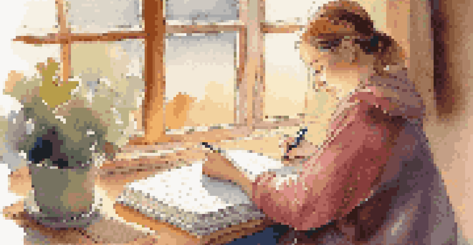 A person writing in a gratitude journal with a cozy blanket, illuminated by warm light from a lamp.