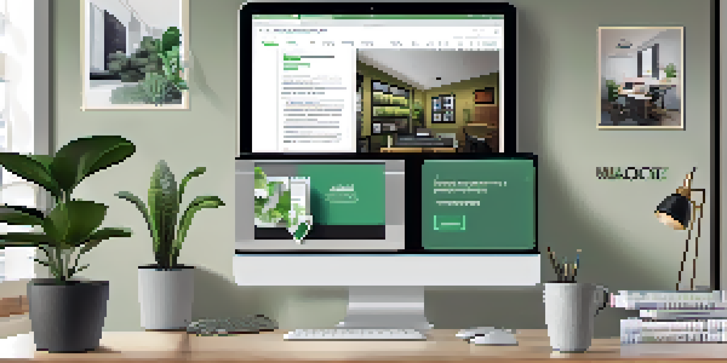 A contemporary workspace with a laptop displaying a job board, surrounded by plants and warm lighting.