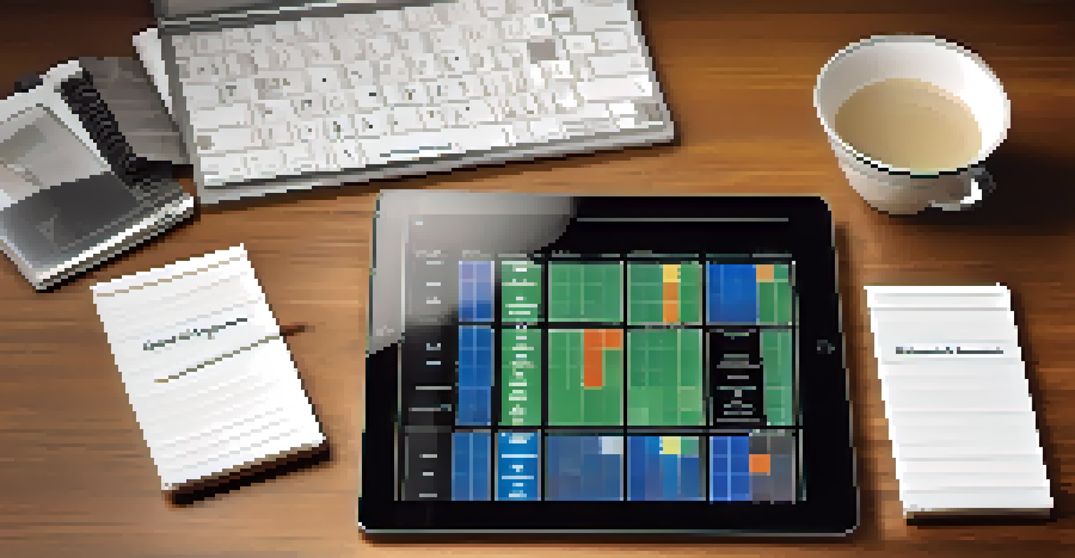 A digital tablet displaying the Eisenhower Matrix with four labeled quadrants, resting on a wooden desk with a pen and notepad.
