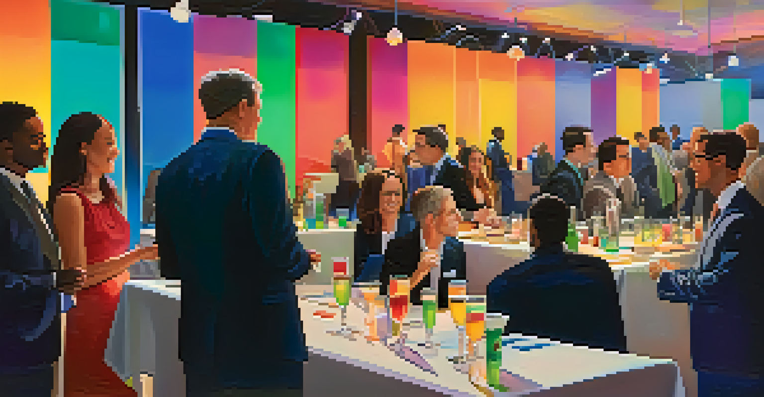 A lively networking event with diverse professionals chatting and exchanging business cards, surrounded by colorful banners and soft lighting.