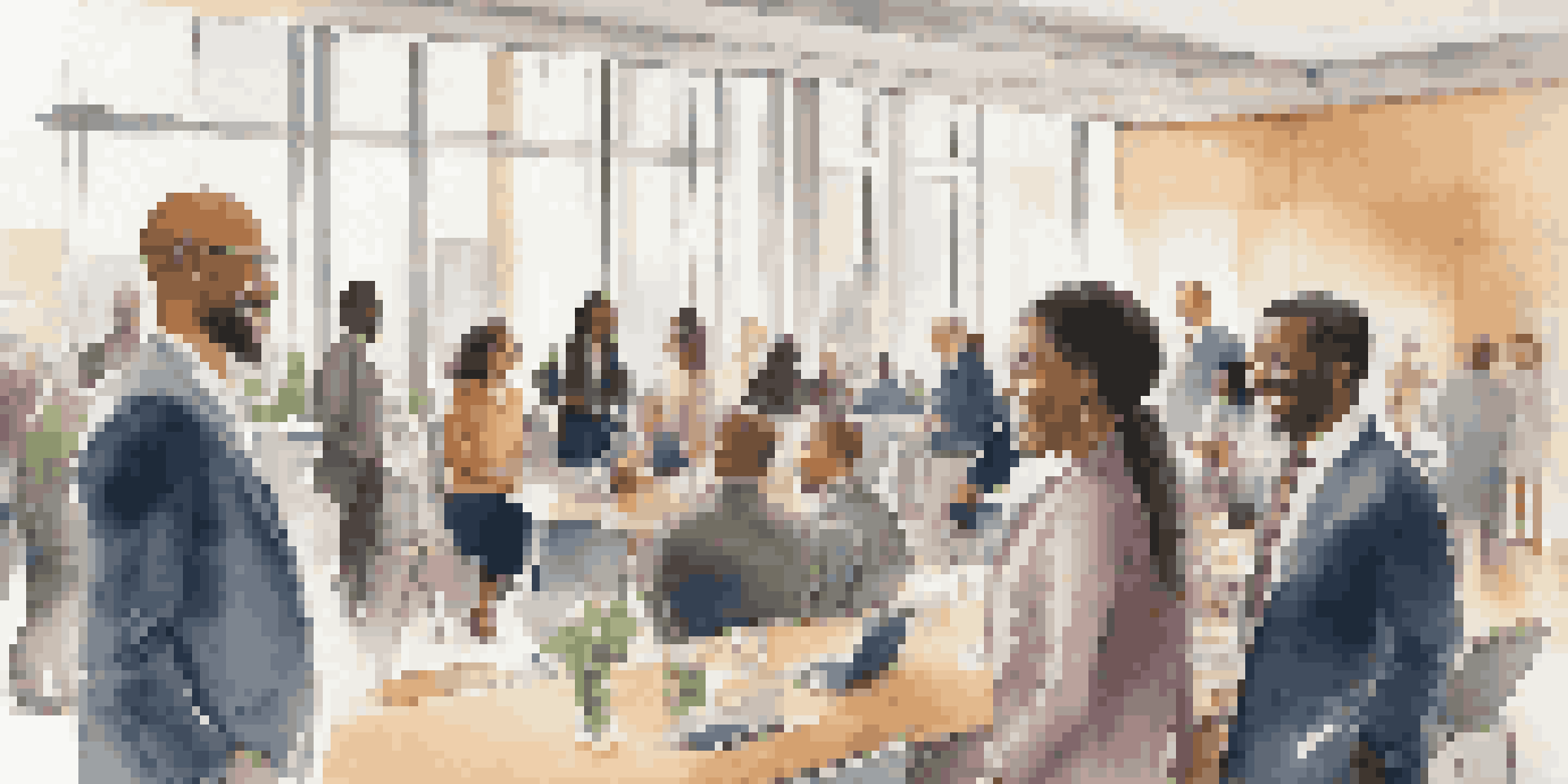 A group of diverse professionals networking in a bright conference room, showcasing engagement and interaction.