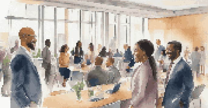 A group of diverse professionals networking in a bright conference room, showcasing engagement and interaction.